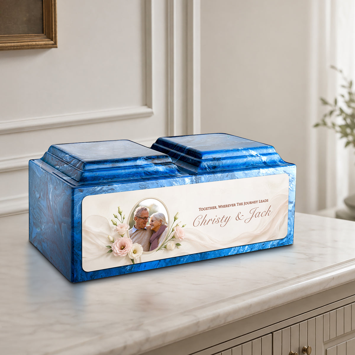 Adult Companion Custom Flower Couple Portrait Memorial Mystic Blue Cultured Marble Urns by MacKenzie