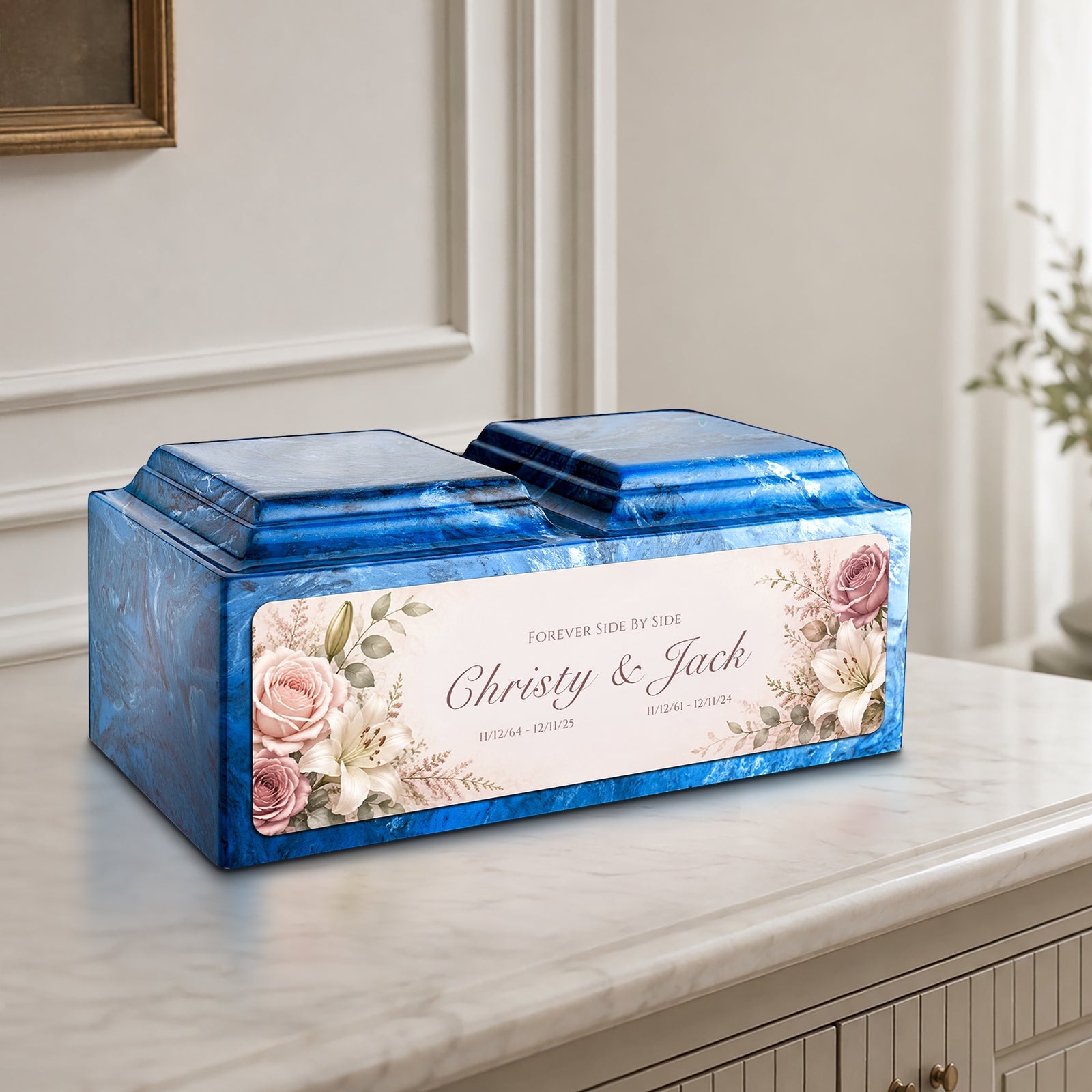 Adult Companion Custom Flower Printed Mystic Blue Cultured Marble Urns by MacKenzie