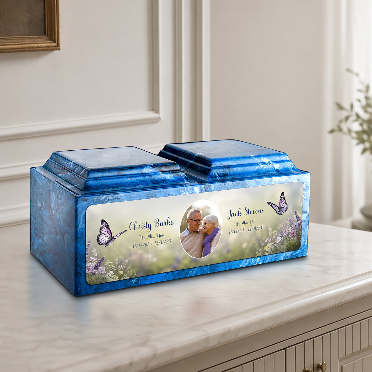 Adult Companion Custom Butterfly Couple Portrait Mystic Blue Cultured Marble Urns by MacKenzie