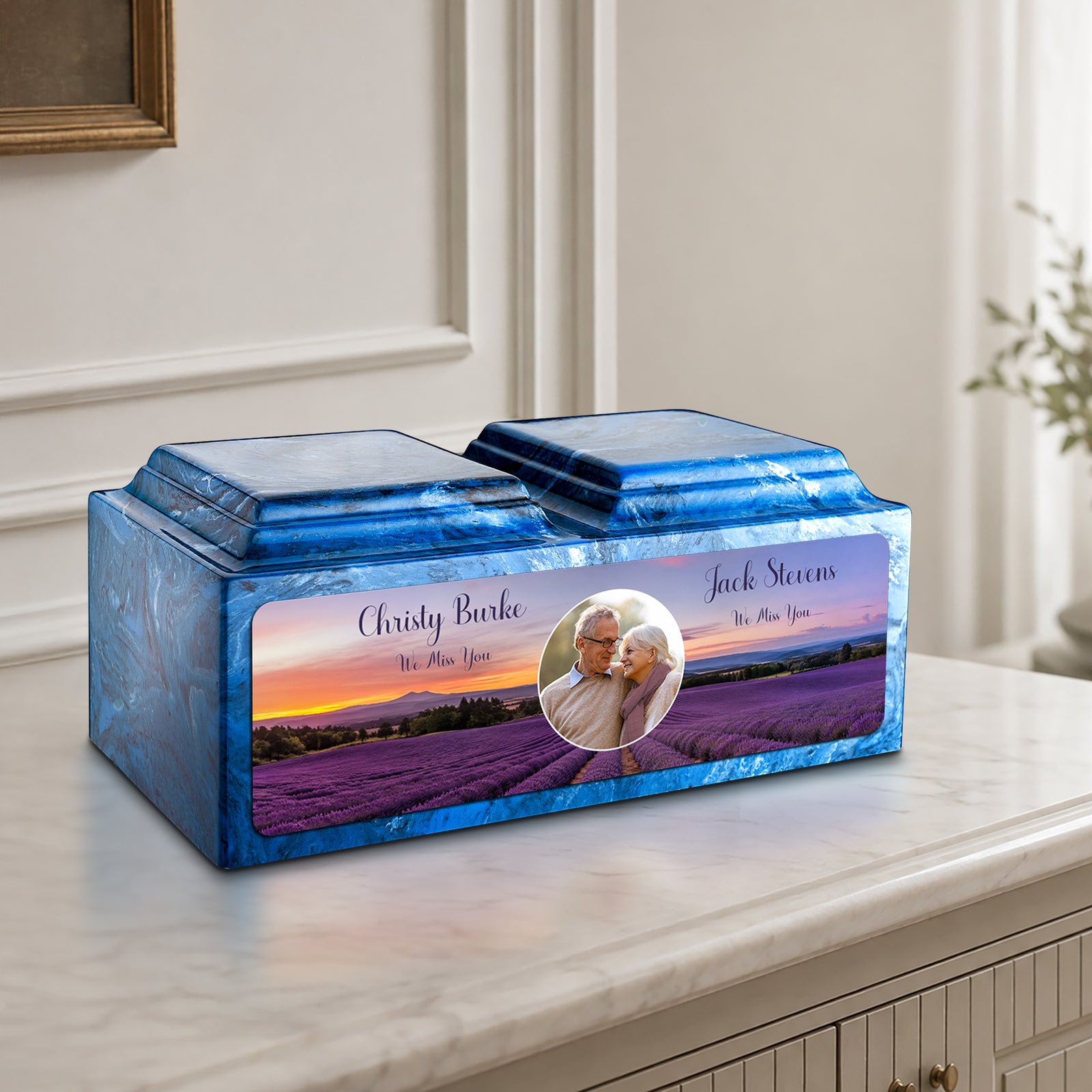 Adult Companion Custom Lavender Couple Portrait Memorial Mystic Blue Cultured Marble Urns by MacKenzie