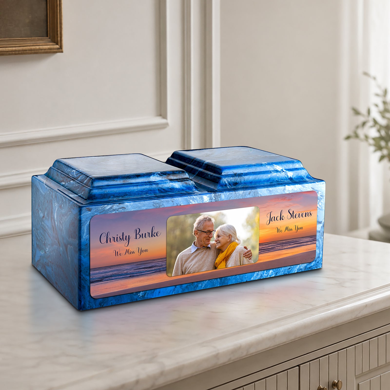 Adult Companion Custom Ocean Sunset Couple Portrait Memorial Mystic Blue Cultured Marble Urns by MacKenzie