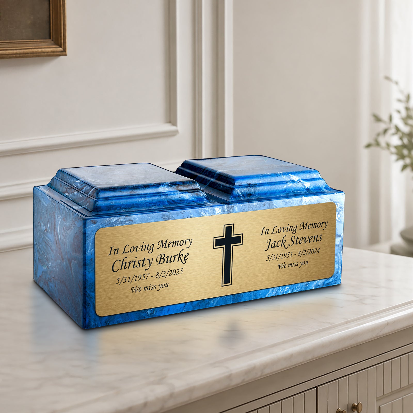 Adult Companion Custom Printed Mystic Blue Simple Cross Cultured Marble Urns by MacKenzie