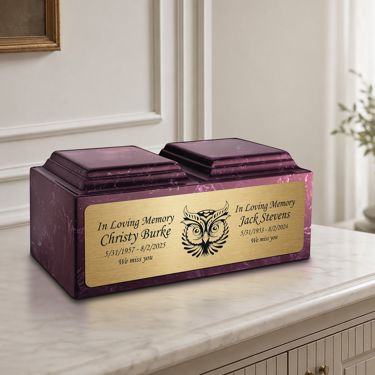 Adult Companion Custom Printed Merlot Owl Cultured Marble Urns by MacKenzie