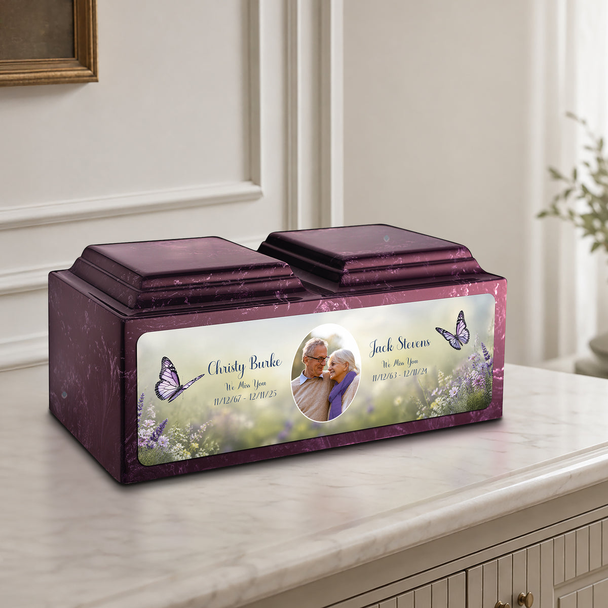 Adult Companion Custom Butterfly Couple Portrait Merlot Cultured Marble Urns by MacKenzie