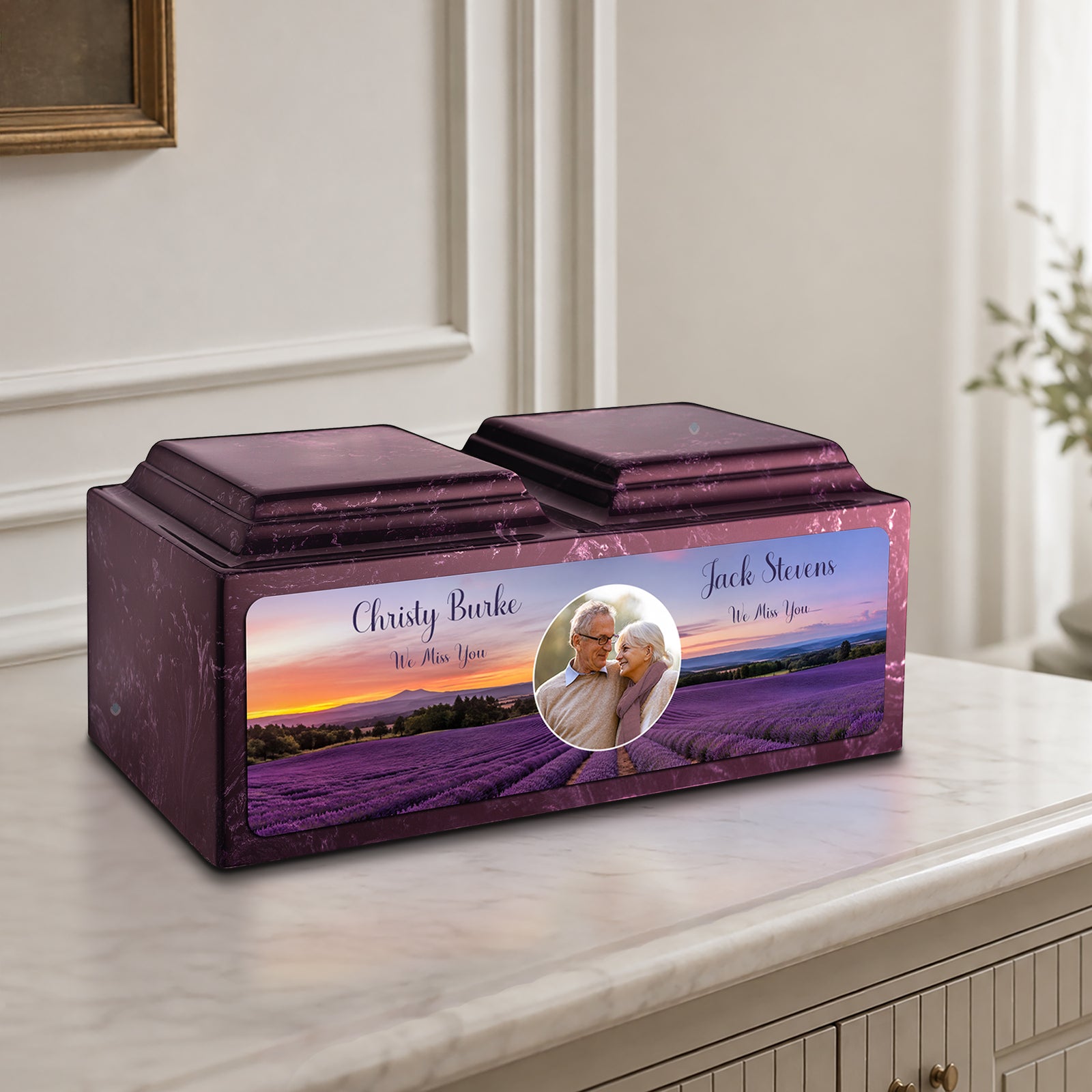 Adult Companion Custom Lavender Couple Portrait Memorial Merlot Cultured Marble Urns by MacKenzie