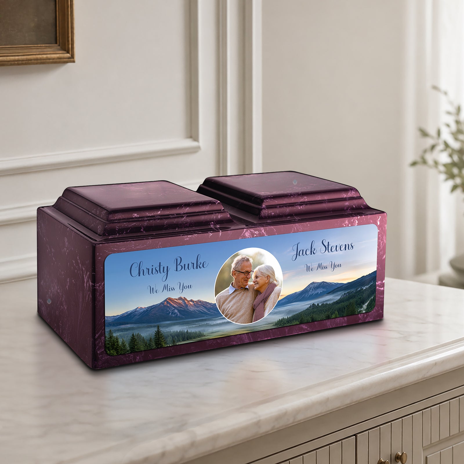 Adult Companion Custom Mountains Couple Portrait Memorial Merlot Cultured Marble Urns by MacKenzie