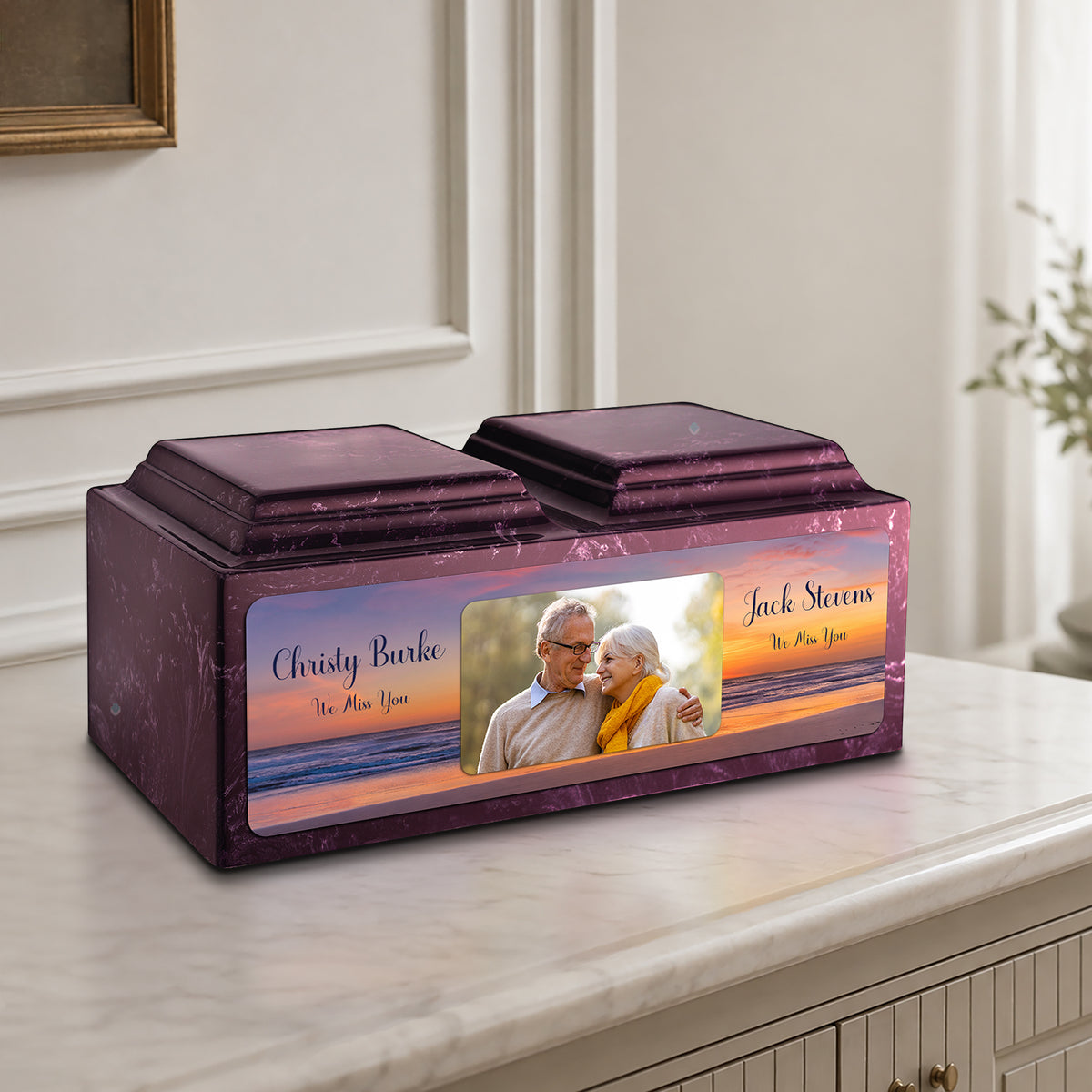 Adult Companion Custom Ocean Sunset Couple Portrait Memorial Merlot Cultured Marble Urns by MacKenzie