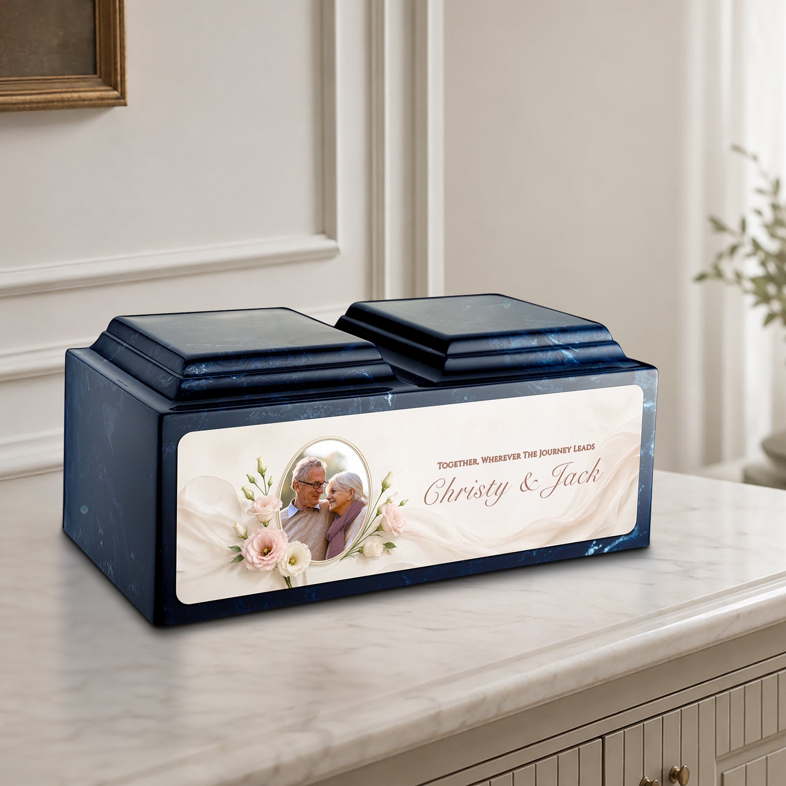 Adult Companion Custom Flower Couple Portrait Memorial Navy Cultured Marble Urns by MacKenzie