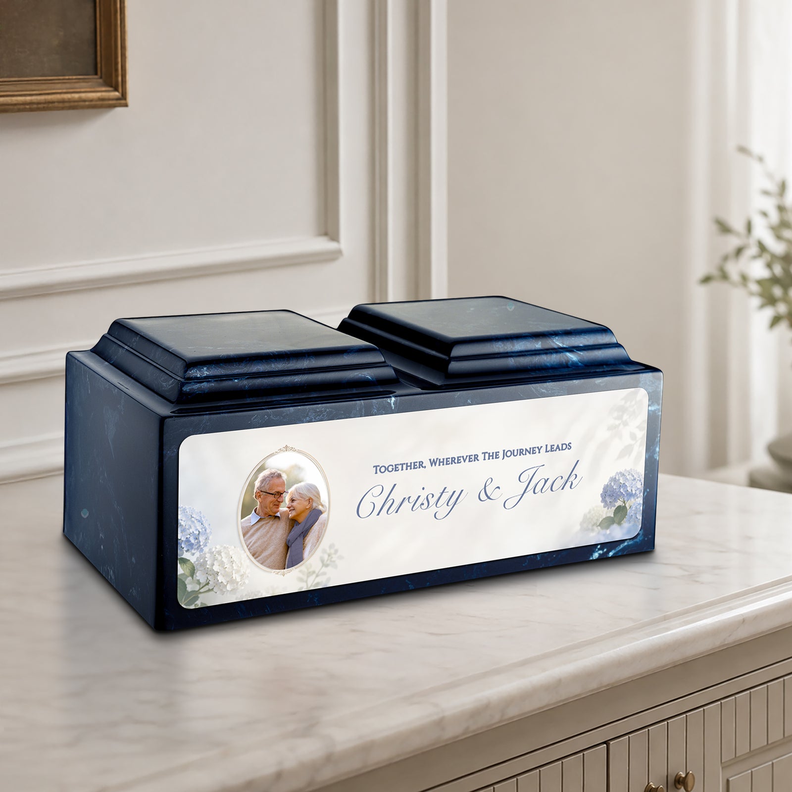 Adult Companion Custom Flower Couple Portrait Navy Cultured Marble Urns by MacKenzie