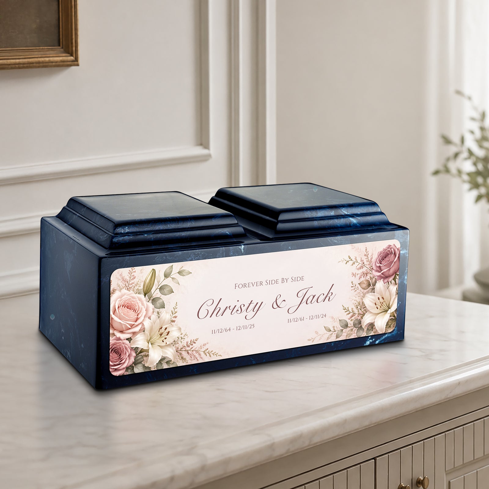 Adult Companion Custom Flower Printed Navy Cultured Marble Urns by MacKenzie