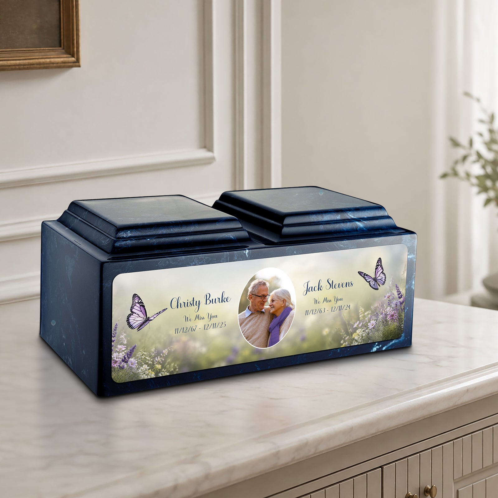 Adult Companion Custom Butterfly Couple Portrait Navy Cultured Marble Urns by MacKenzie