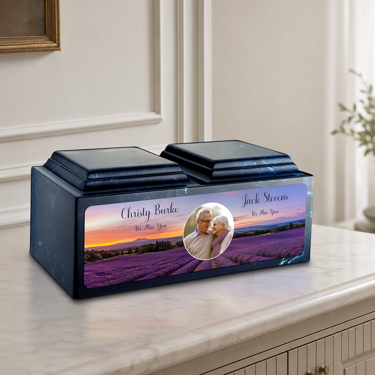 Adult Companion Custom Lavender Couple Portrait Memorial Navy Cultured Marble Urns by MacKenzie