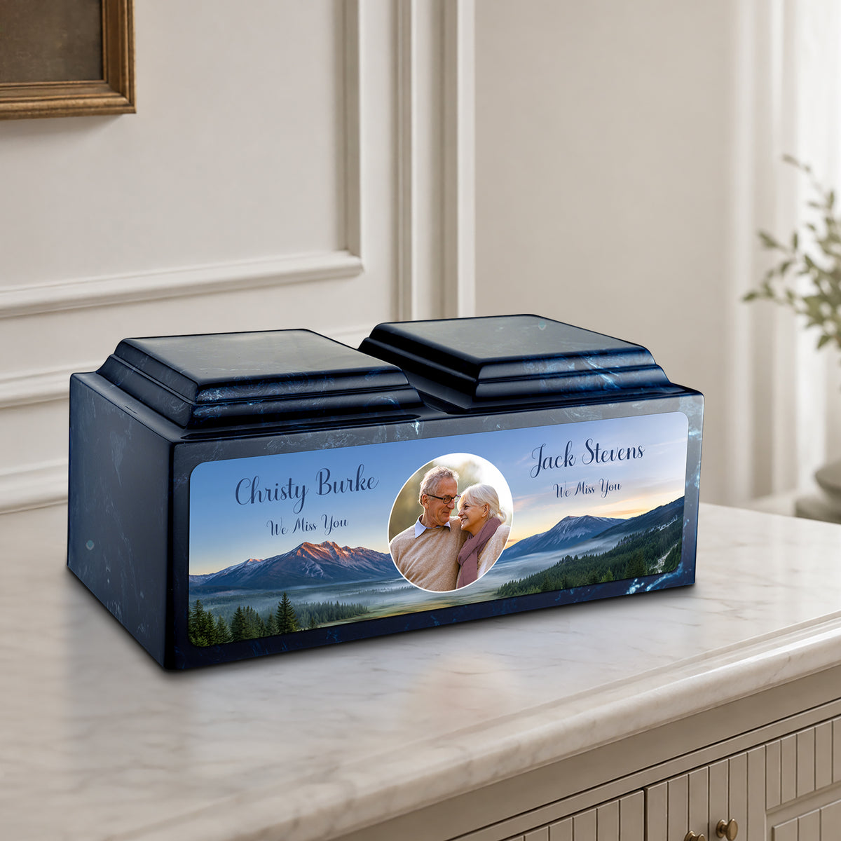 Adult Companion Custom Mountains Couple Portrait Memorial Navy Cultured Marble Urns by MacKenzie