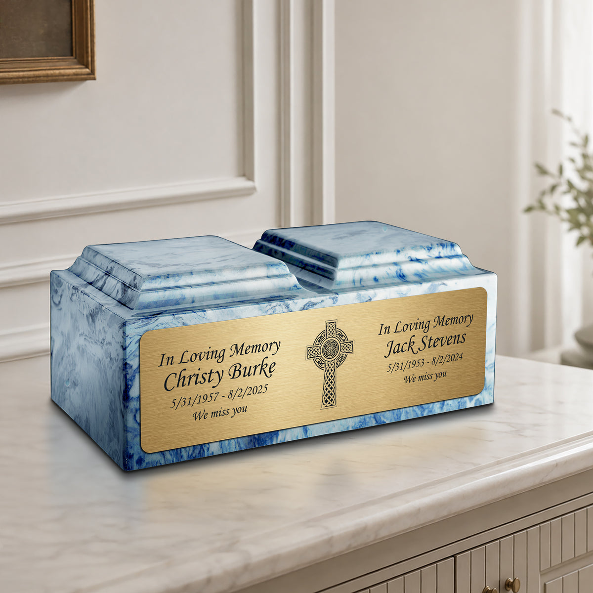 Adult Companion Custom Printed Sky Blue Celtic Cross Cultured Marble Urns by MacKenzie