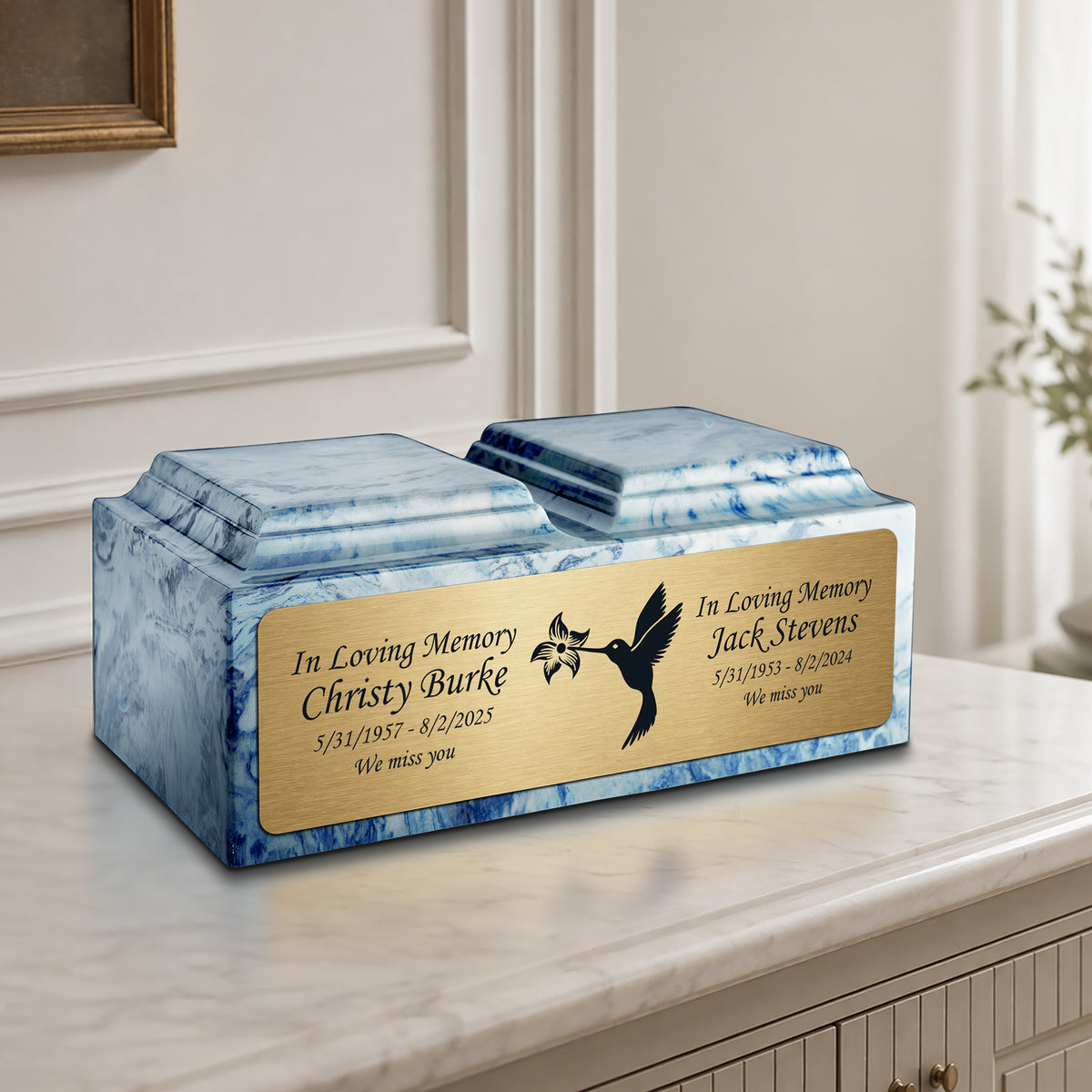 Adult Companion Custom Printed Sky Blue Hummingbird Cultured Marble Urns by MacKenzie