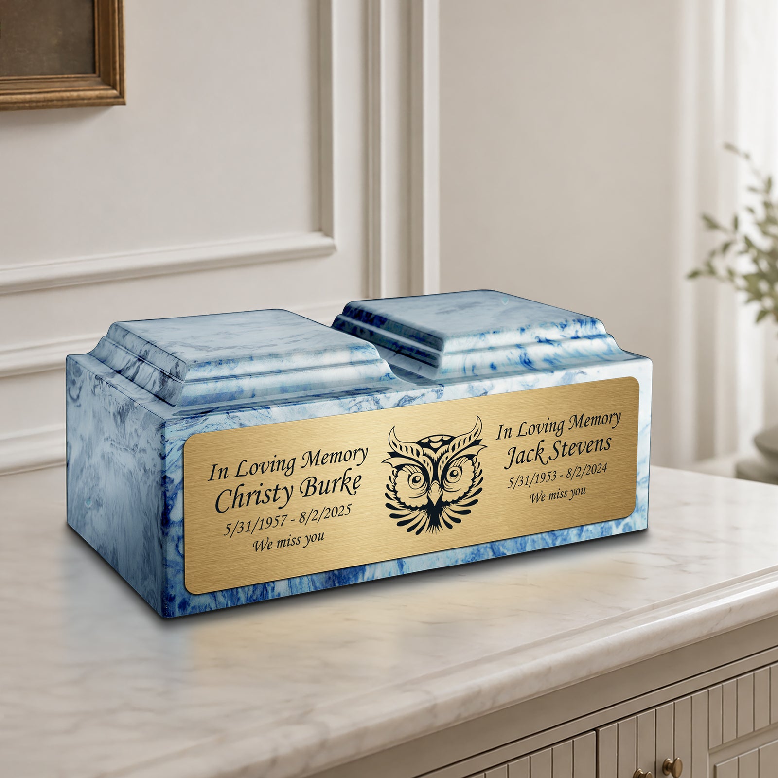 Adult Companion Custom Printed Sky Blue Owl Cultured Marble Urns by MacKenzie