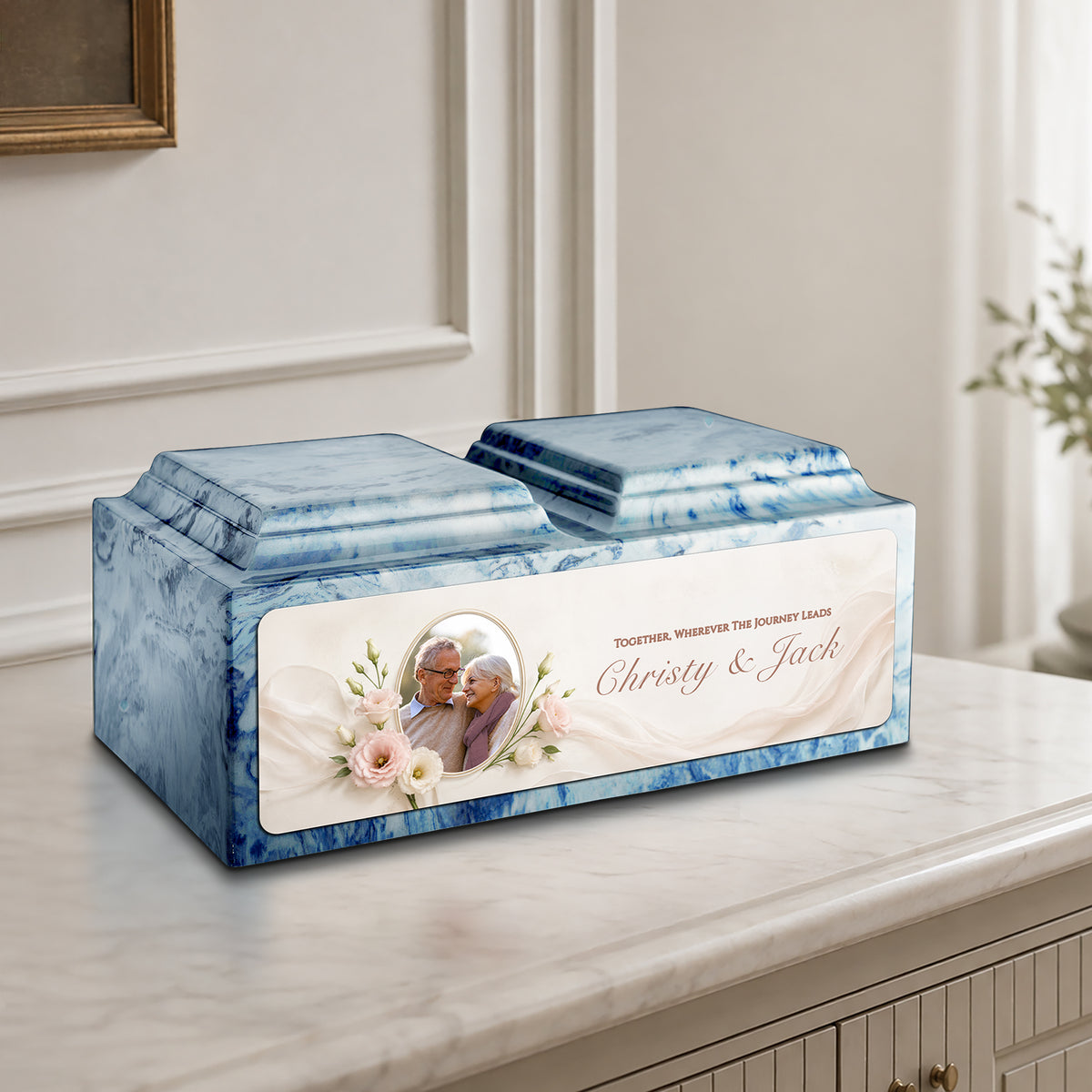 Adult Companion Custom Flower Couple Portrait Memorial Sky Blue Cultured Marble Urns by MacKenzie