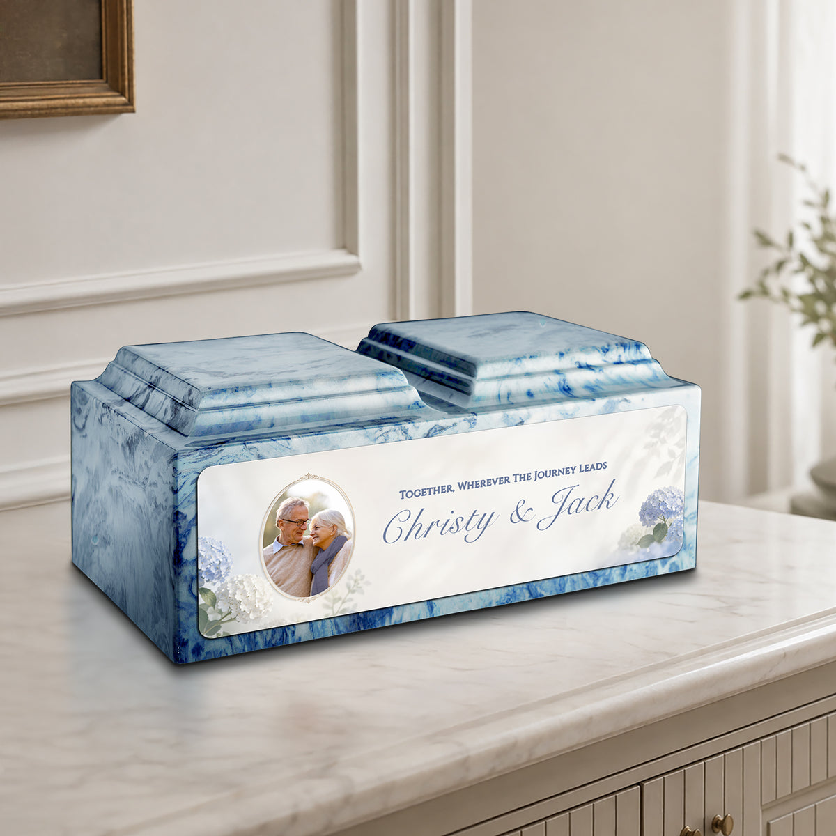 Adult Companion Custom Flower Couple Portrait Sky Blue Cultured Marble Urns by MacKenzie