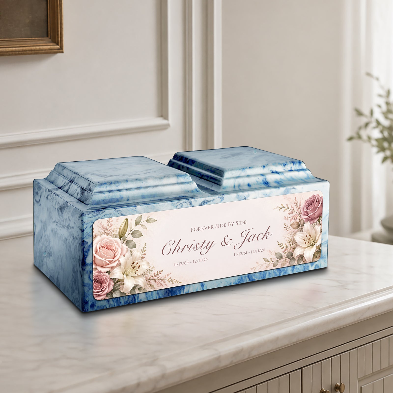 Adult Companion Custom Flower Printed Sky Blue Cultured Marble Urns by MacKenzie