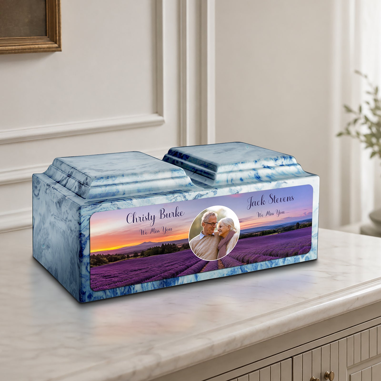 Adult Companion Custom Lavender Couple Portrait Memorial Sky Blue Cultured Marble Urns by MacKenzie