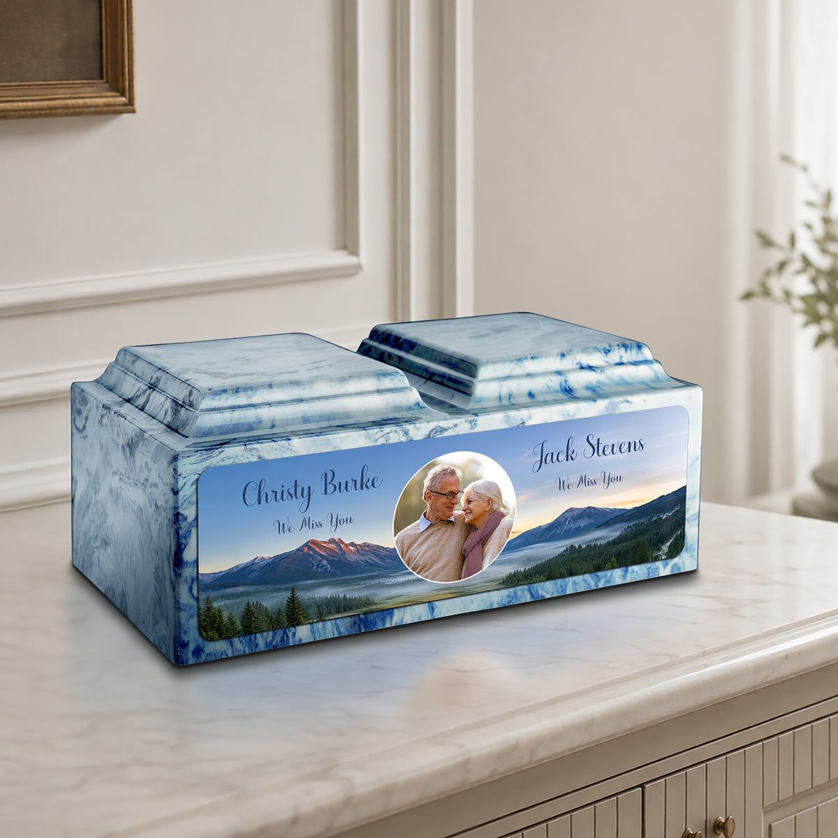 Adult Companion Custom Mountains Couple Portrait Memorial Sky Blue Cultured Marble Urns by MacKenzie