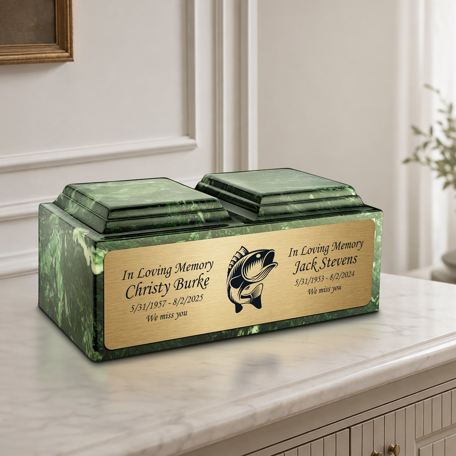 Adult Companion Custom Printed Verde Fishing Cultured Marble Urns by MacKenzie
