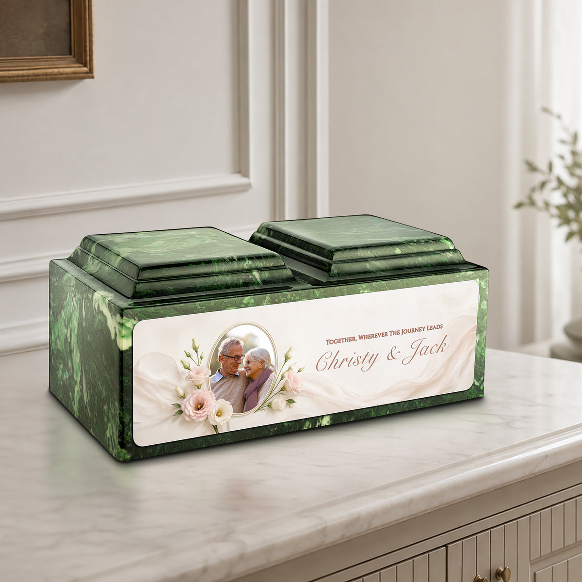 Adult Companion Custom Flower Couple Portrait Memorial Verde Cultured Marble Urns by MacKenzie