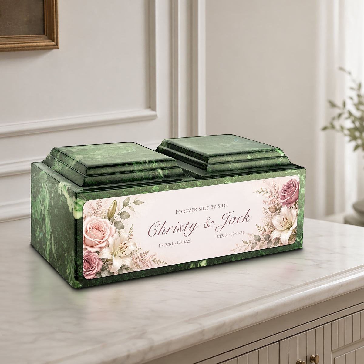 Adult Companion Custom Flower Printed Verde Cultured Marble Urns by MacKenzie