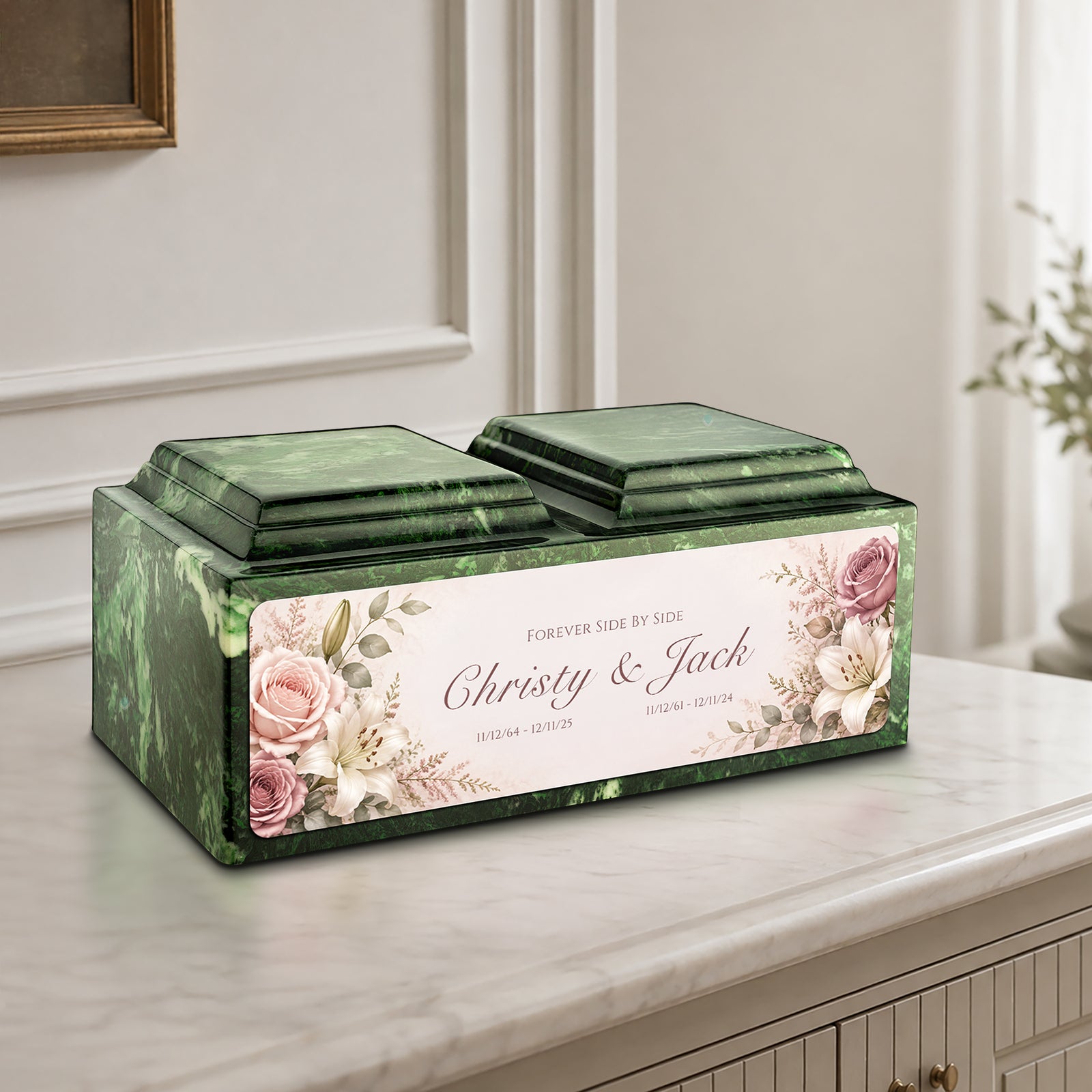 Adult Companion Custom Flower Printed Verde Cultured Marble Urns by MacKenzie
