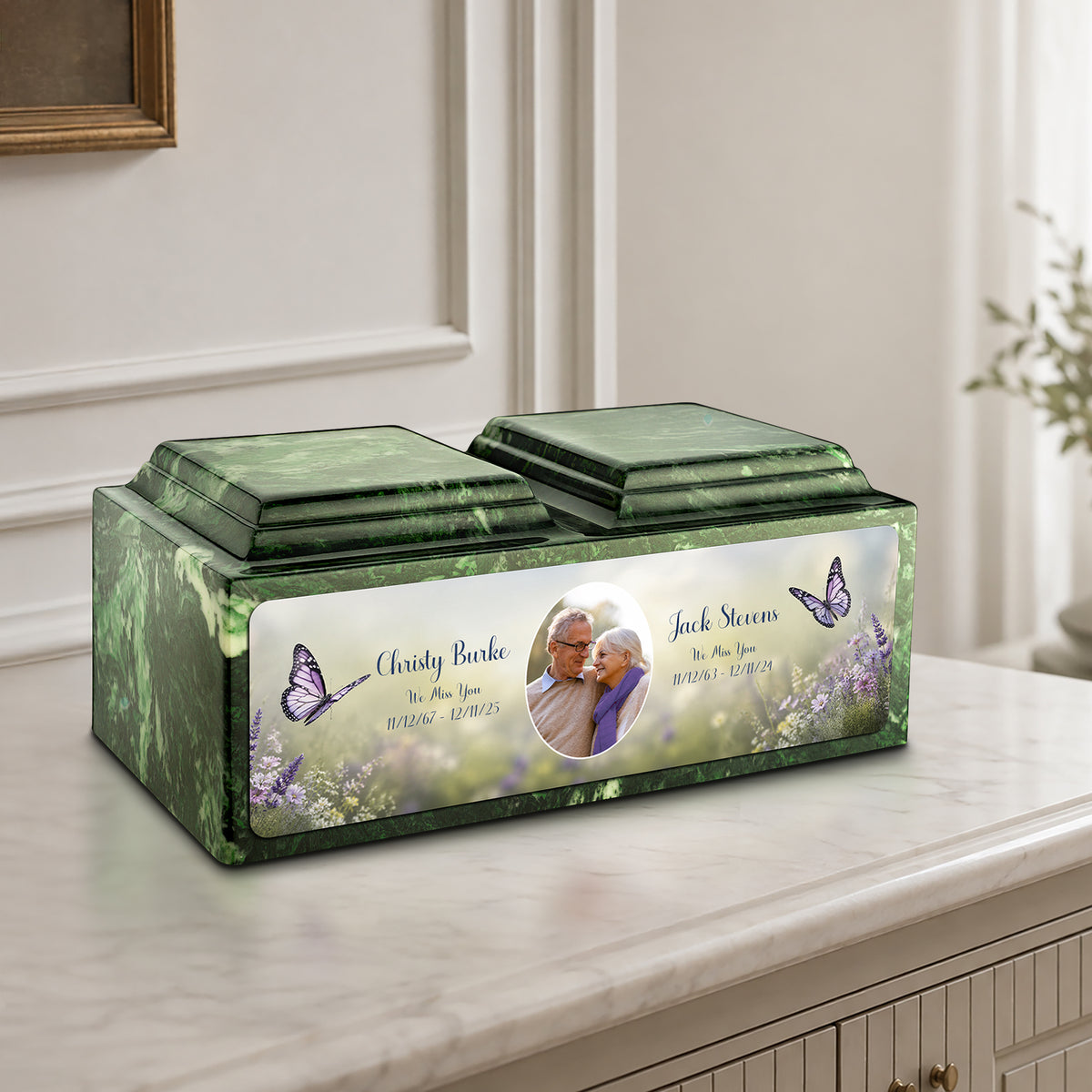 Adult Companion Custom Butterfly Couple Portrait Verde Cultured Marble Urns by MacKenzie