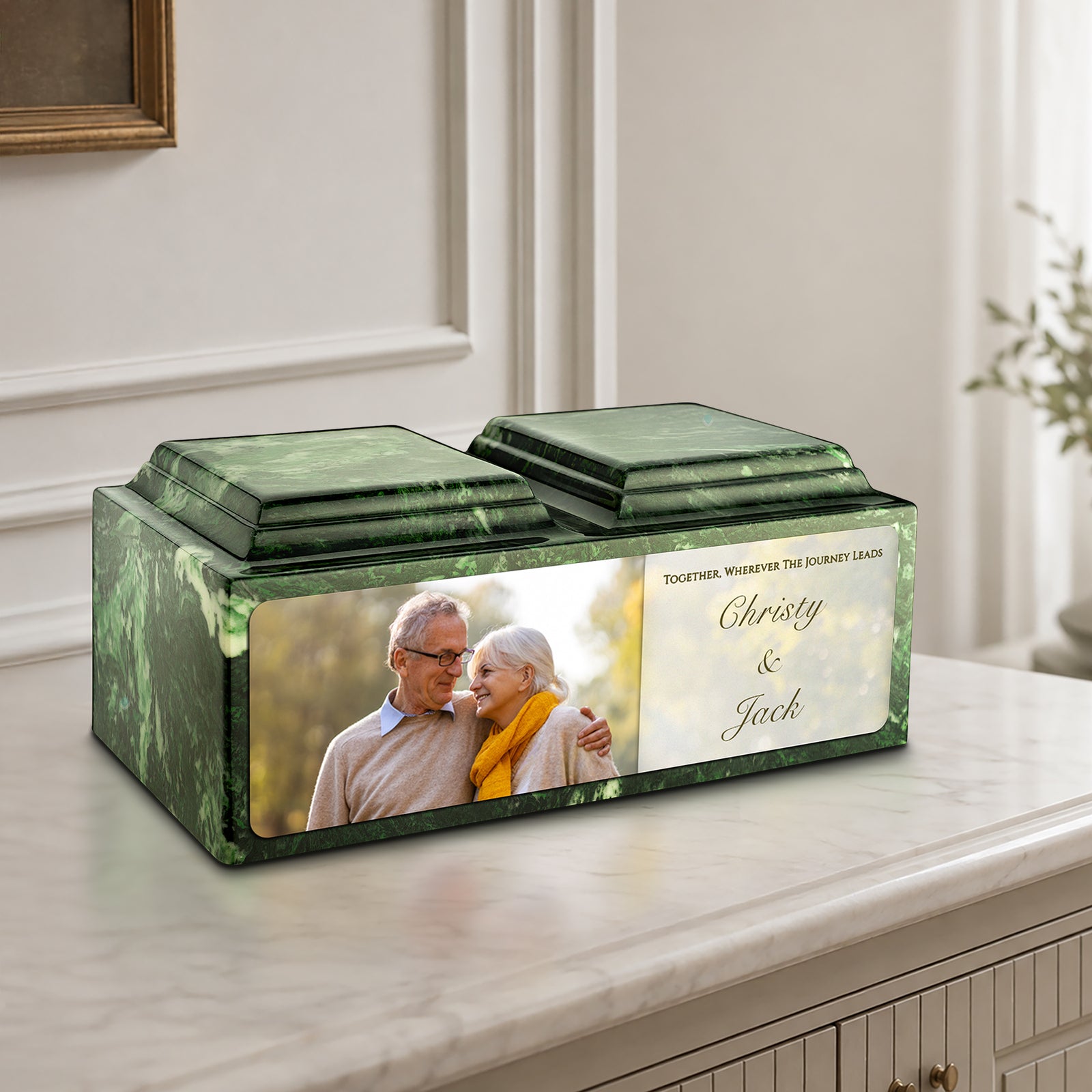 Adult Companion Custom Couple Portrait Verde Cultured Marble Urns by MacKenzie