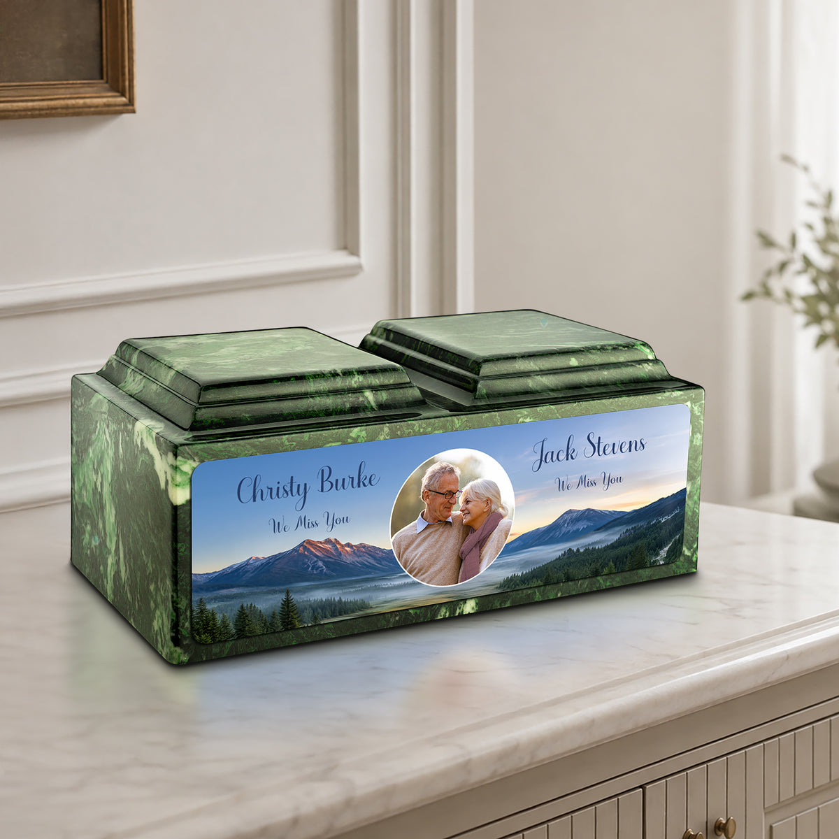 Adult Companion Custom Mountains Couple Portrait Memorial Verde Cultured Marble Urns by MacKenzie