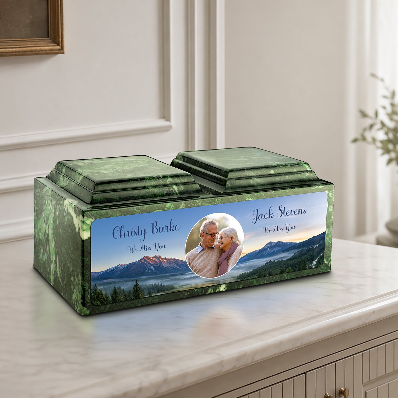 Adult Companion Custom Mountains Couple Portrait Memorial Verde Cultured Marble Urns by MacKenzie