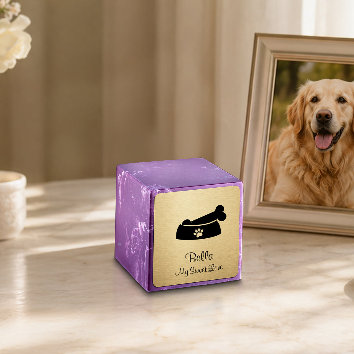 Small Cube Dog Bone Amethyst Cultured Marble Pet Cremation Urn by MacKenzie