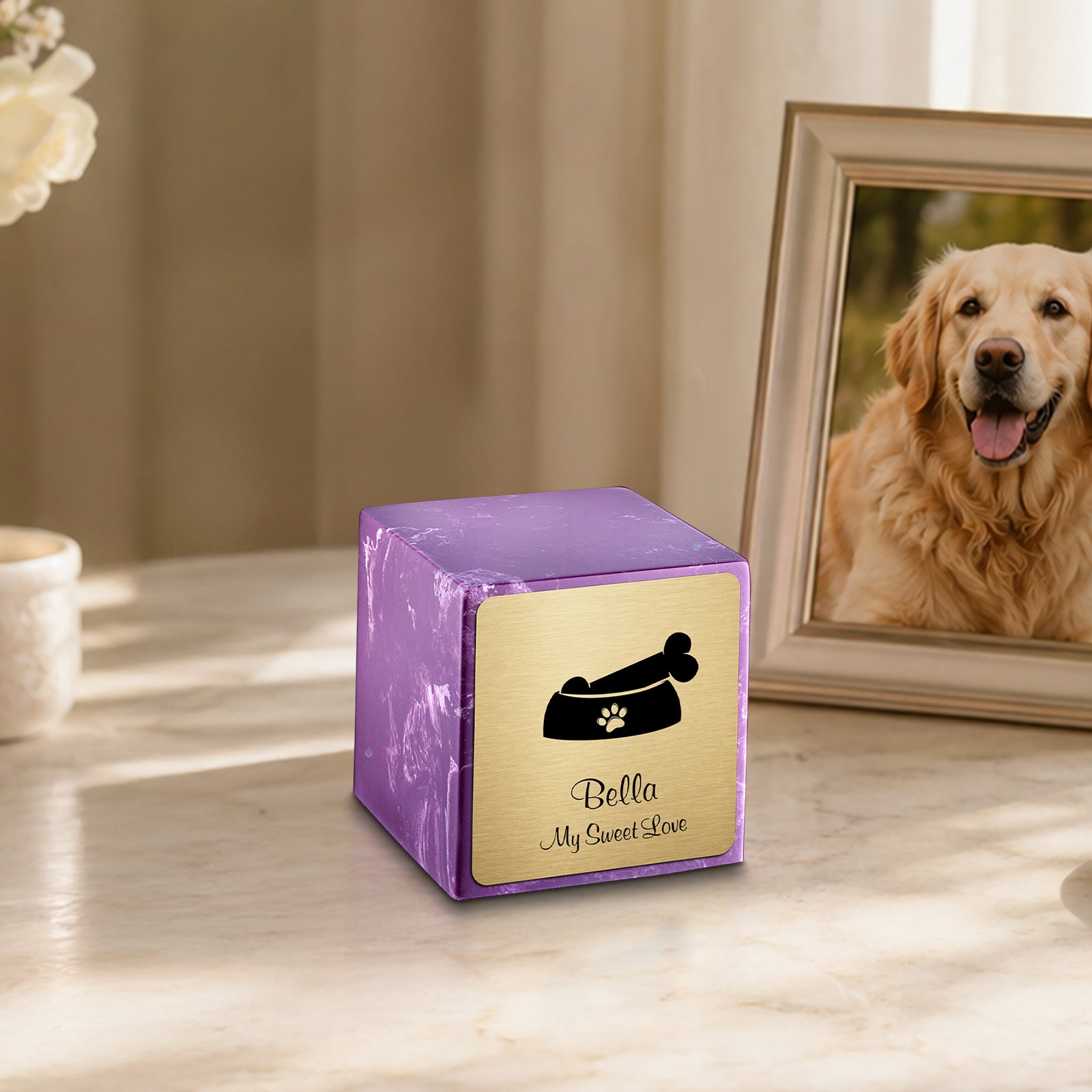 Small Cube Dog Bone Amethyst Cultured Marble Pet Cremation Urn by MacKenzie