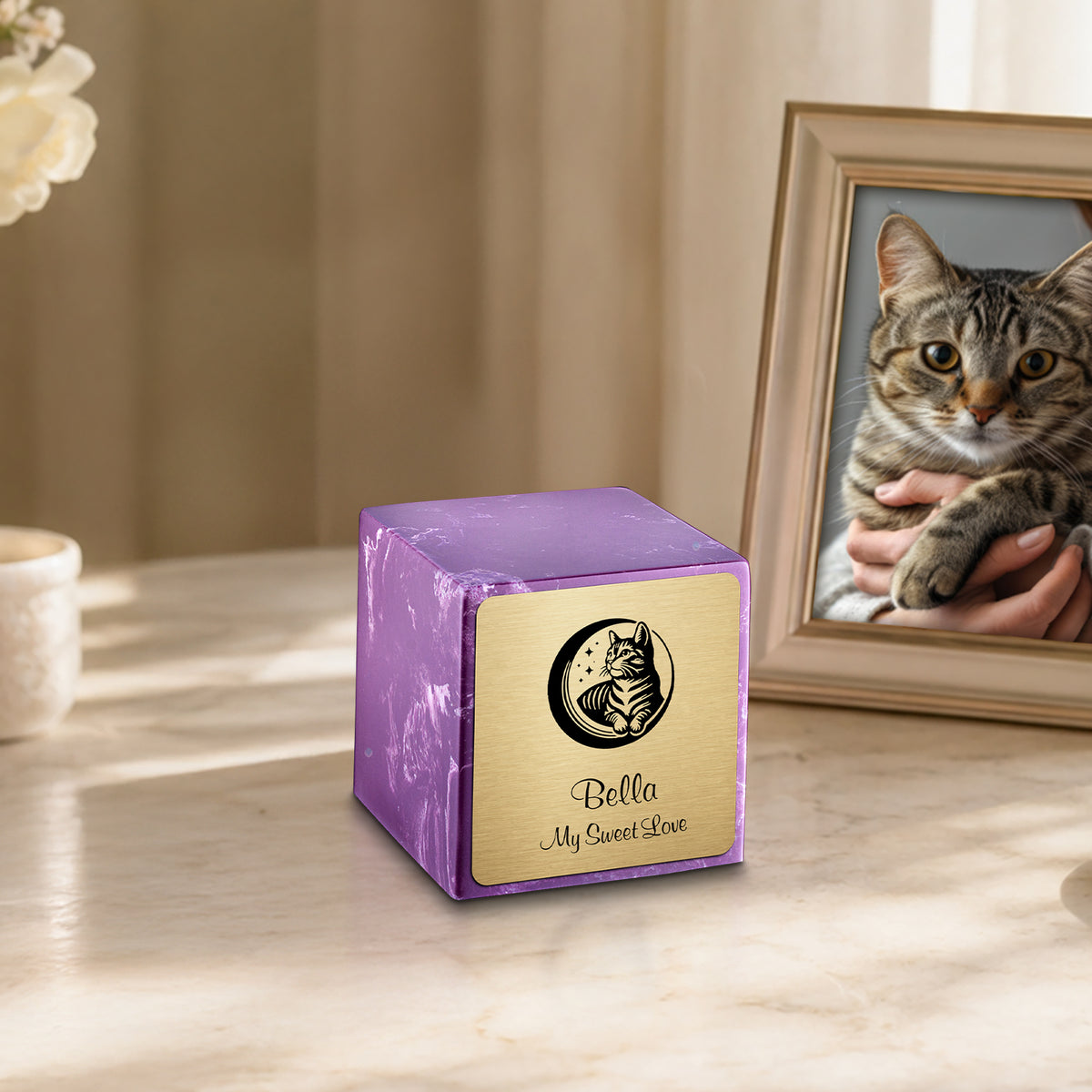 Small Cube Cat Amethyst Cultured Marble Pet Cremation Urn by MacKenzie