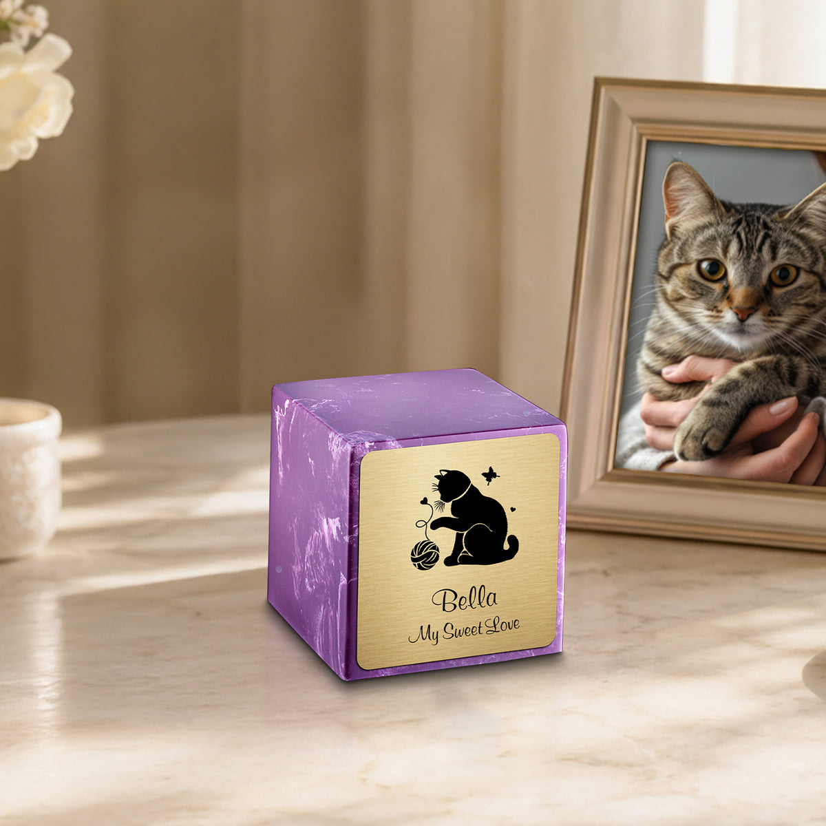 Small Cube Fun Cat Amethyst Cultured Marble Pet Cremation Urn by MacKenzie