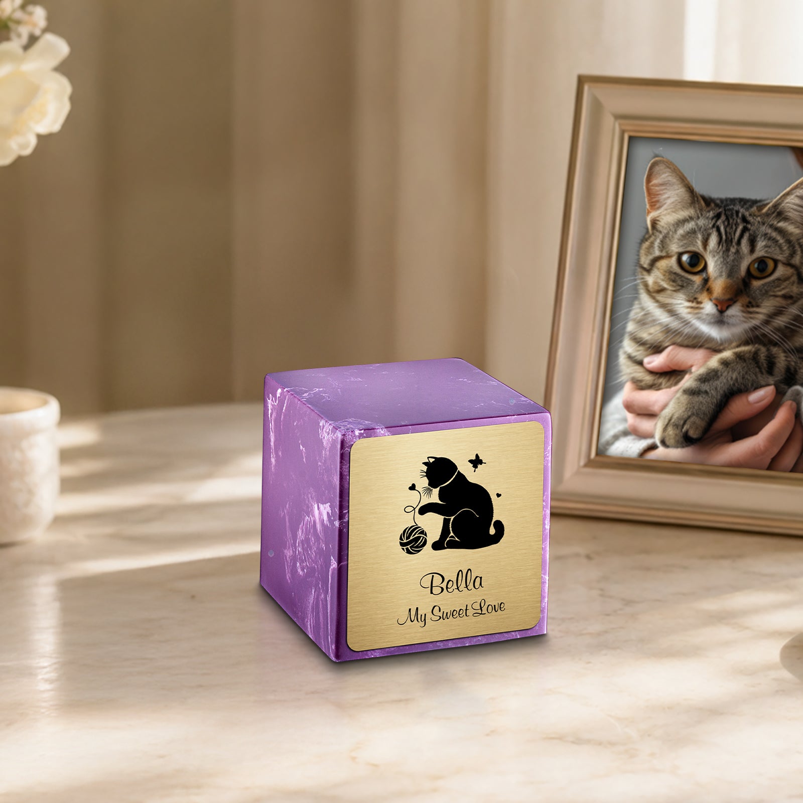 Small Cube Fun Cat Amethyst Cultured Marble Pet Cremation Urn by MacKenzie
