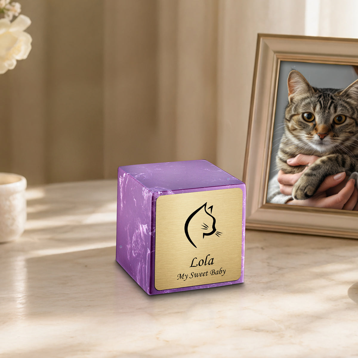 Small Cube Cat Head Amethyst Cultured Marble Pet Cremation Urn by MacKenzie