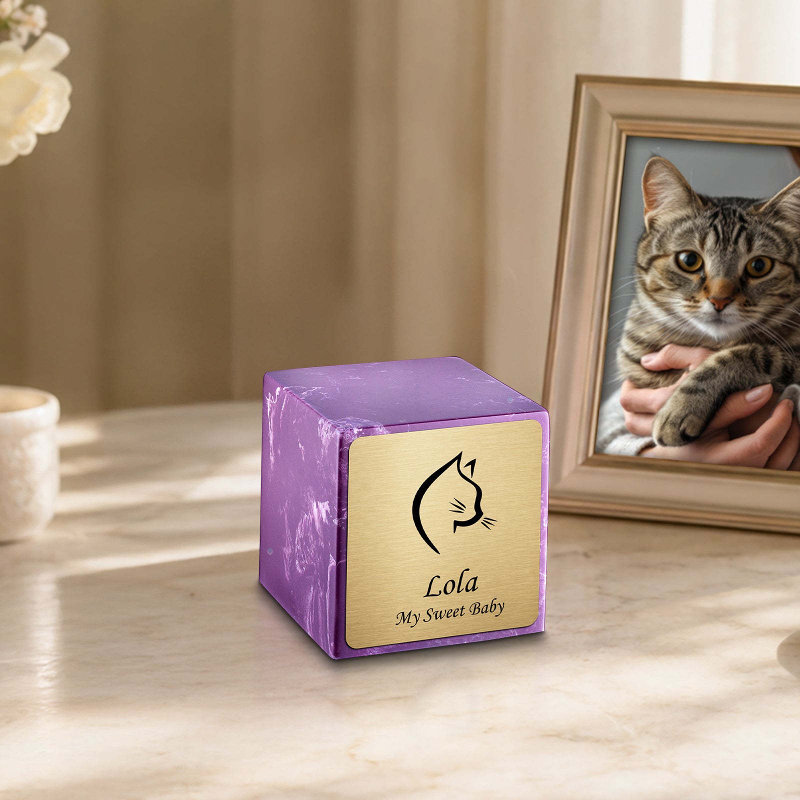 Small Cube Cat Head Amethyst Cultured Marble Pet Cremation Urn by MacKenzie