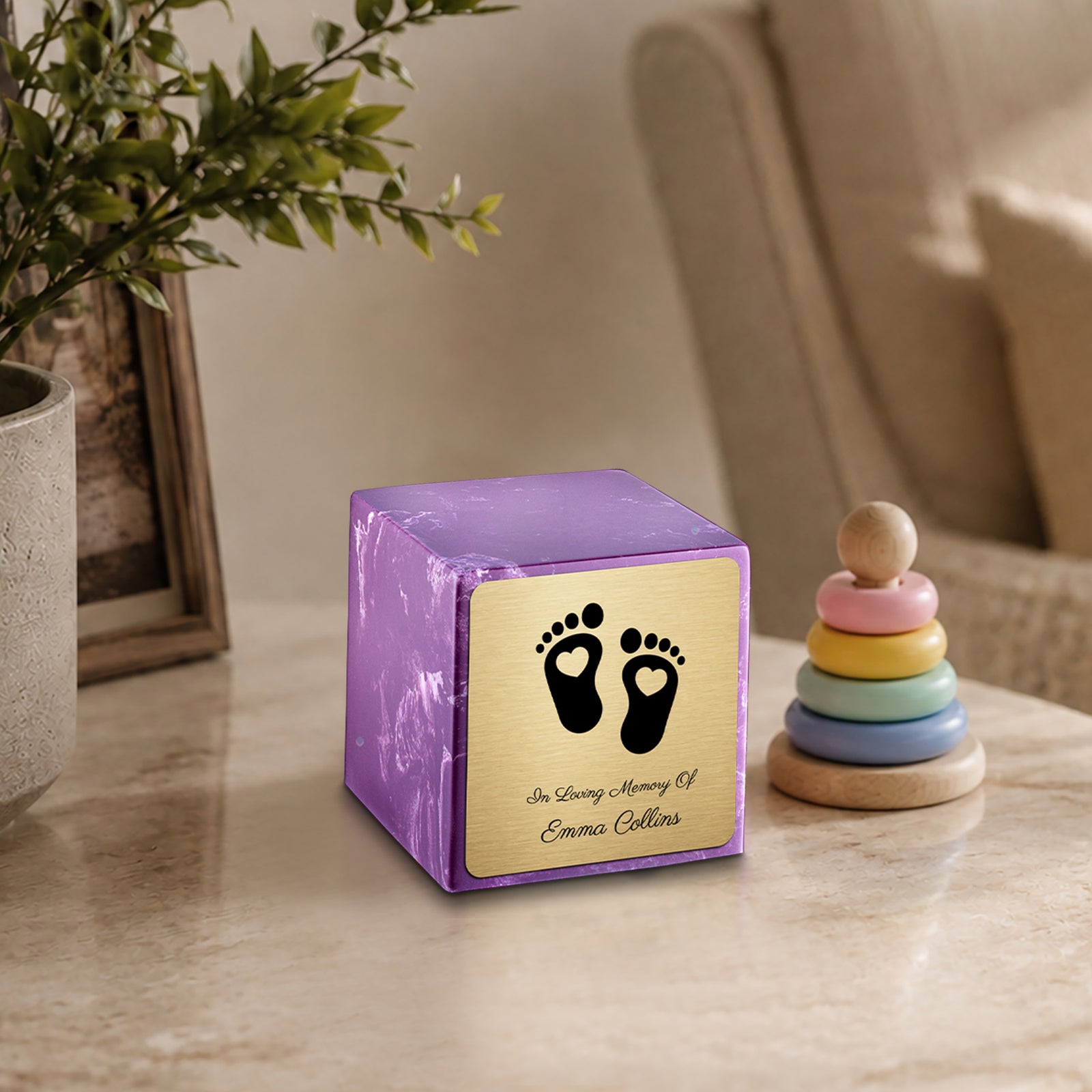 Small Cube Loving Heart Feet Amethyst Cultured Marble Child Cremation Urn by MacKenzie