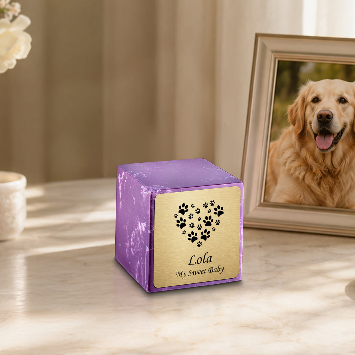 Small Cube Heart Paw Amethyst Cultured Marble Pet Cremation Urn by MacKenzie