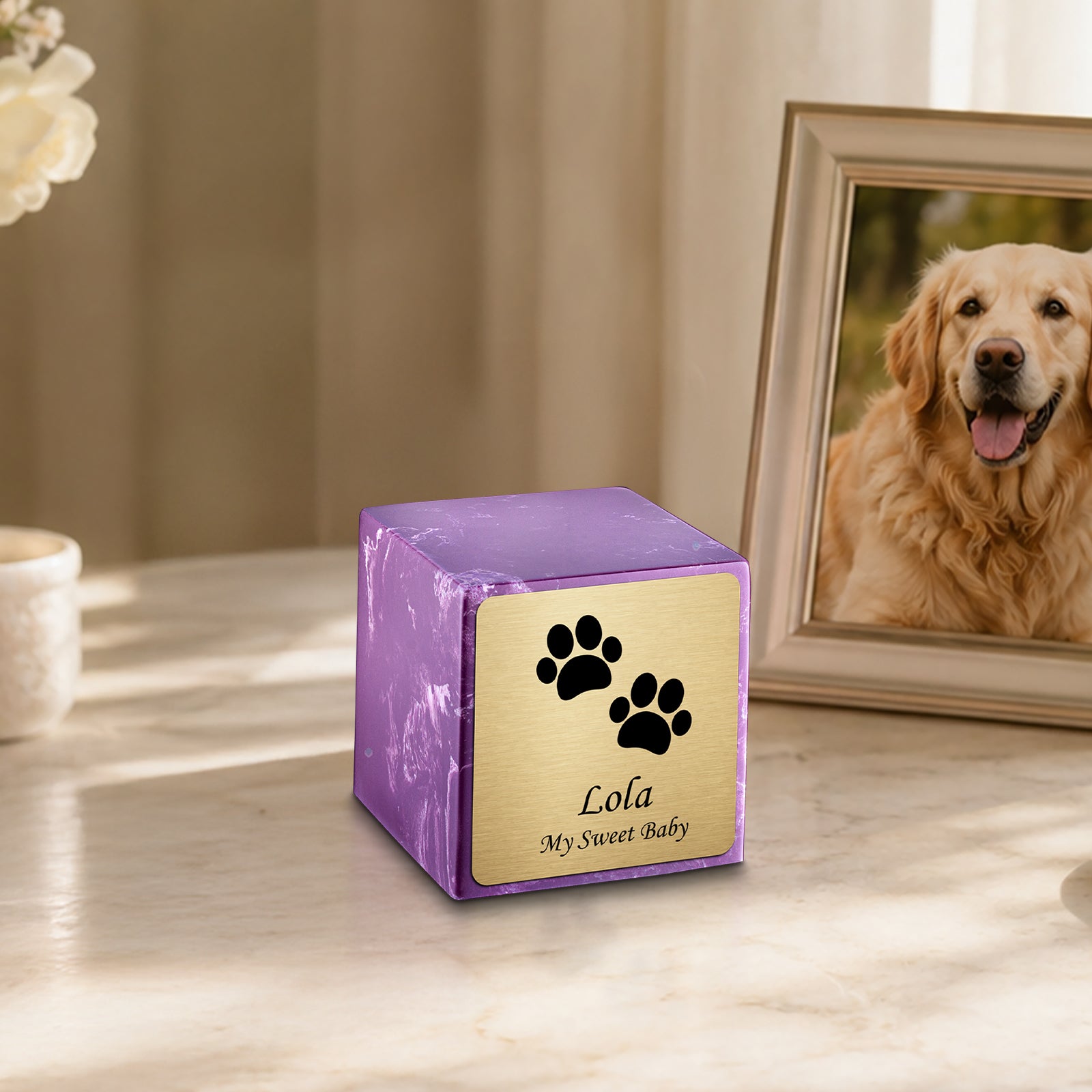 Small Cube Walking Paws Amethyst Cultured Marble Pet Cremation Urn by MacKenzie