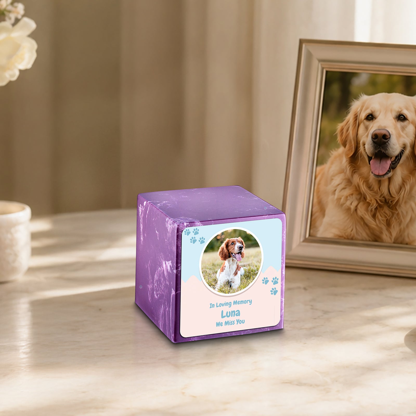 Small Cube Pet Portrait Amethyst Cultured Marble Pet Cremation Urn by MacKenzie