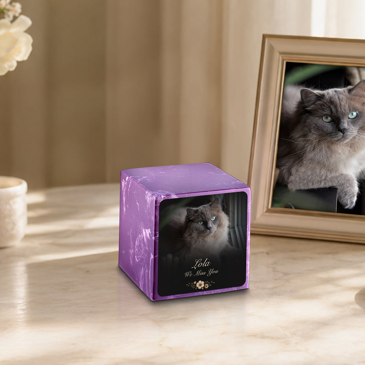 Small Cube Pet Portrait Photo Amethyst Cultured Marble Pet Cremation Urn by MacKenzie