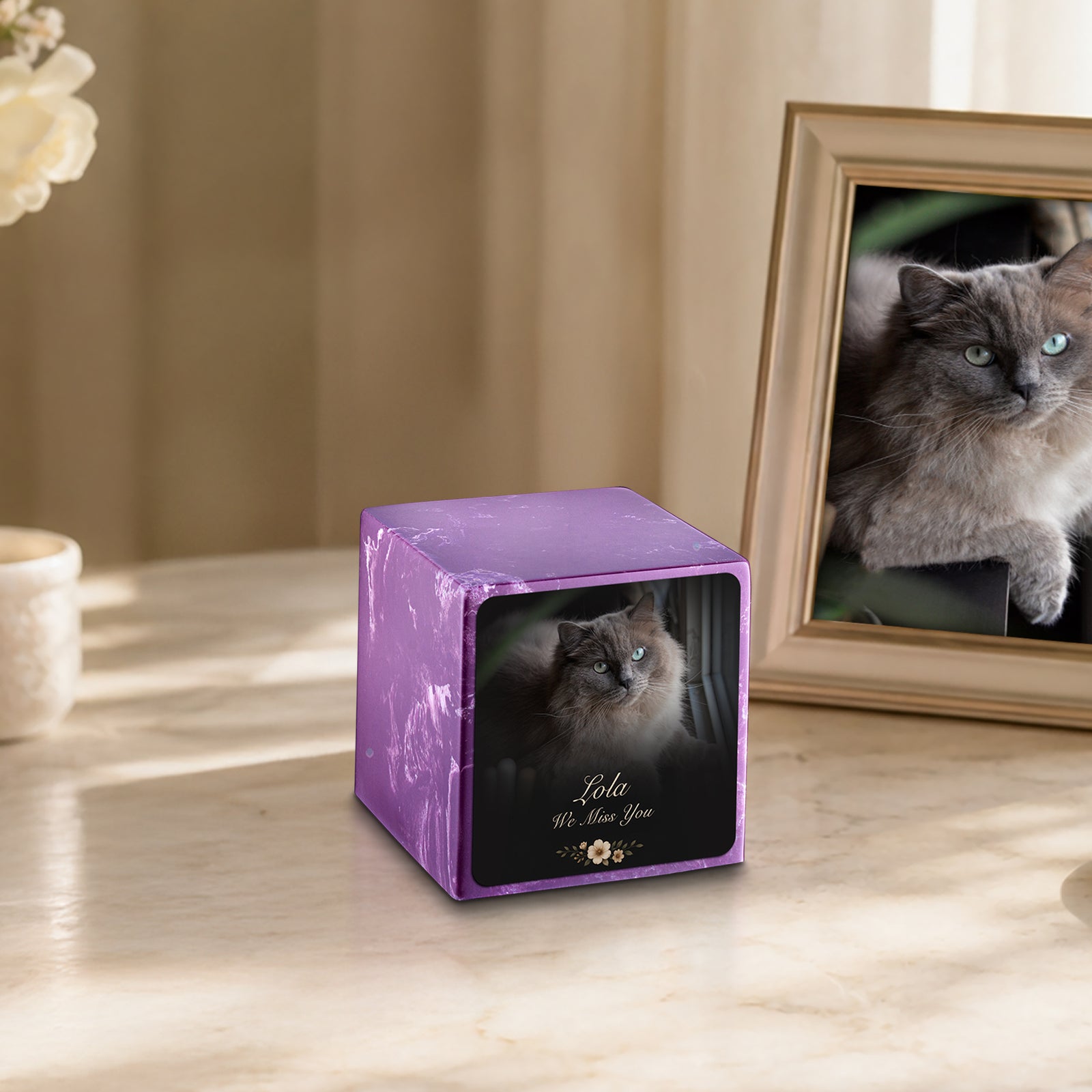 Small Cube Pet Portrait Photo Amethyst Cultured Marble Pet Cremation Urn by MacKenzie