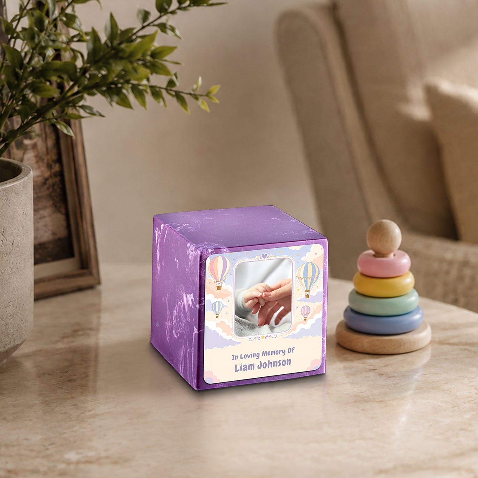 Small Cube Hot Air Balloons Amethyst Cultured Marble Child Cremation Urn by MacKenzie