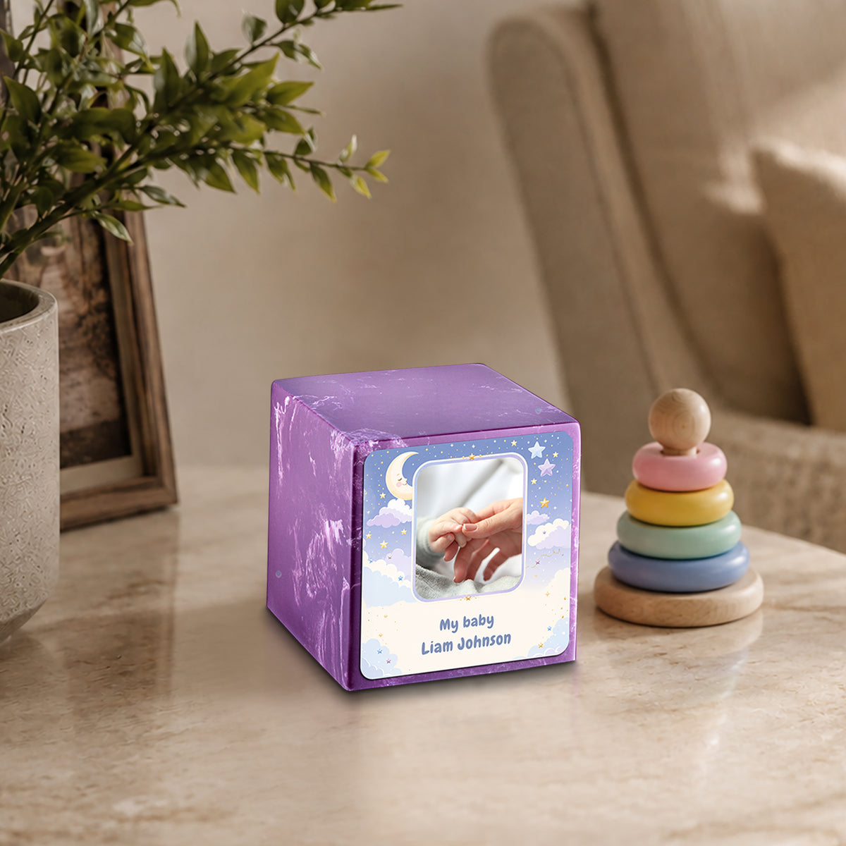 Small Cube Moon and Stars Amethyst Cultured Marble Child Cremation Urn by MacKenzie