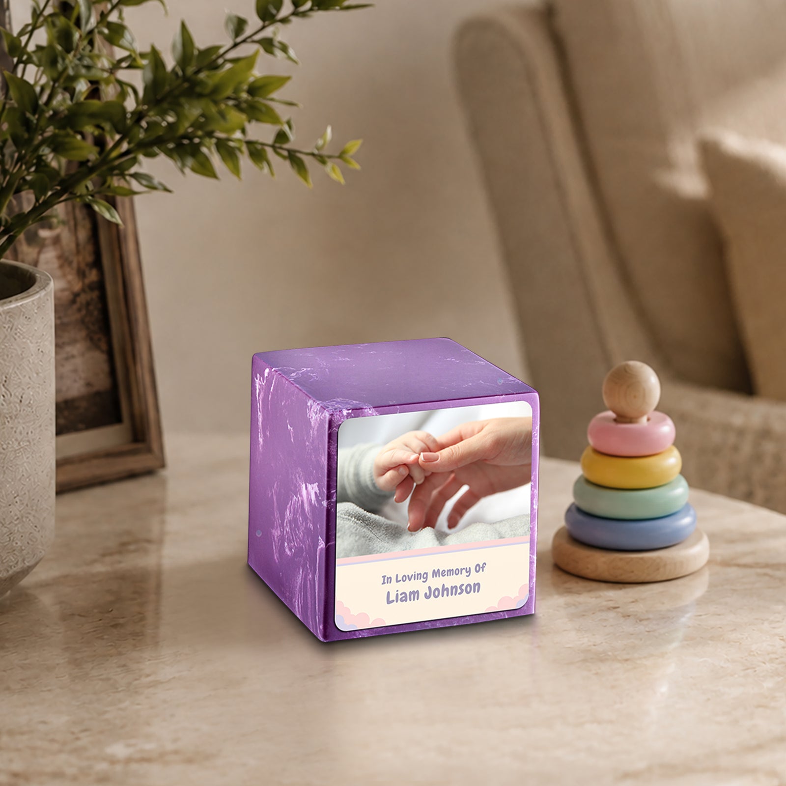 Small Cube Classic Photo Amethyst Cultured Marble Child Cremation Urn by MacKenzie