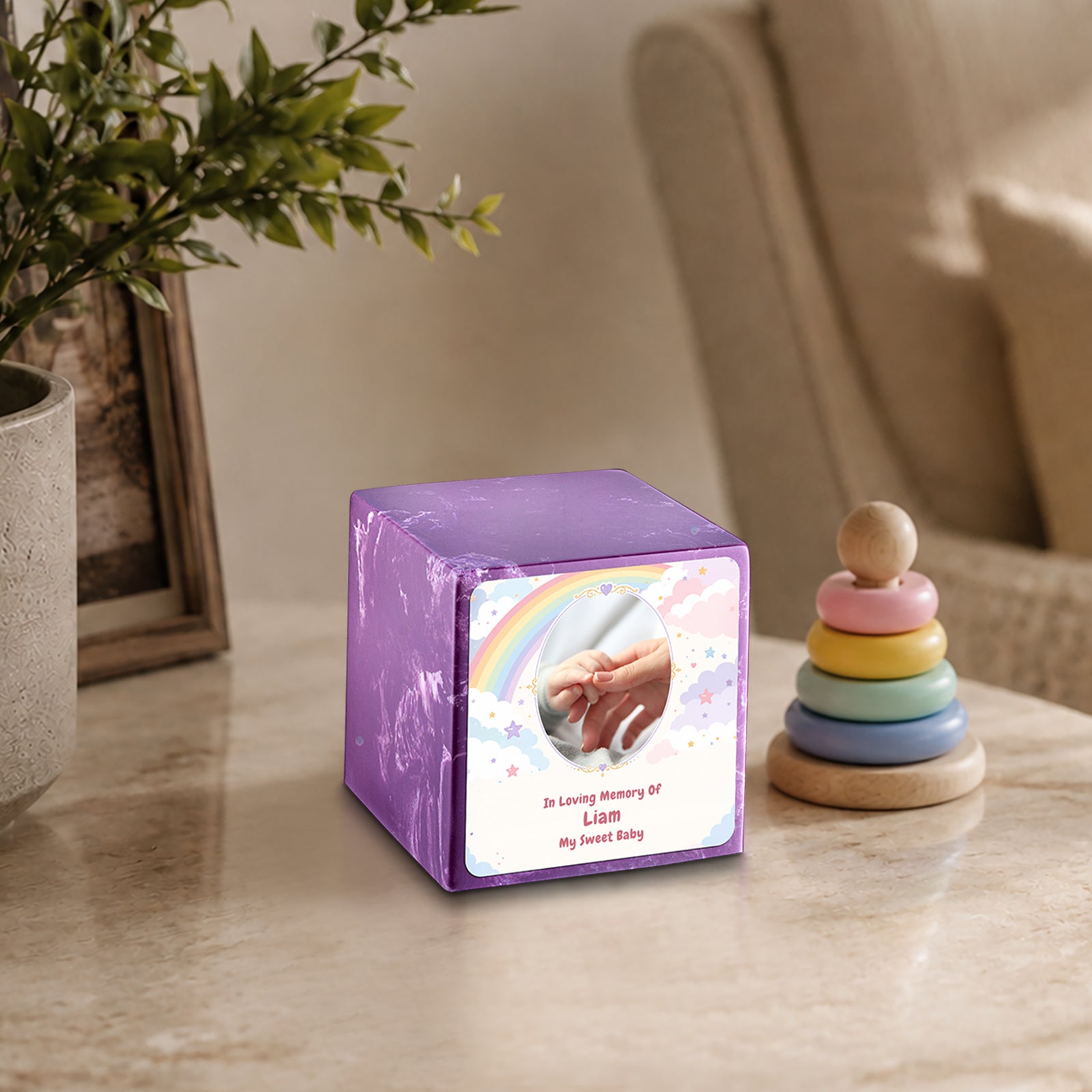 Small Cube Rainbow and Clouds Amethyst Cultured Marble Child Cremation Urn by MacKenzie